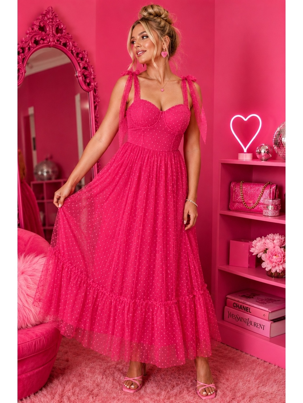 Barbiecore Hot Pink Swiss Dot Corset Maxi Dress XL